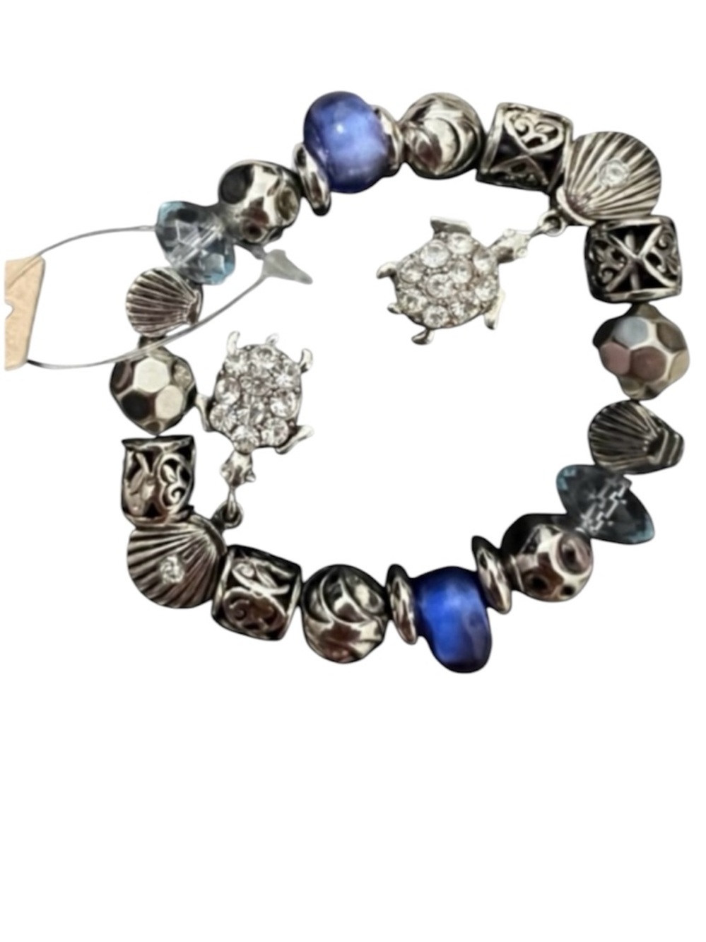 NWT Odri women’s silver tone charm stretch bracelet with blue beads